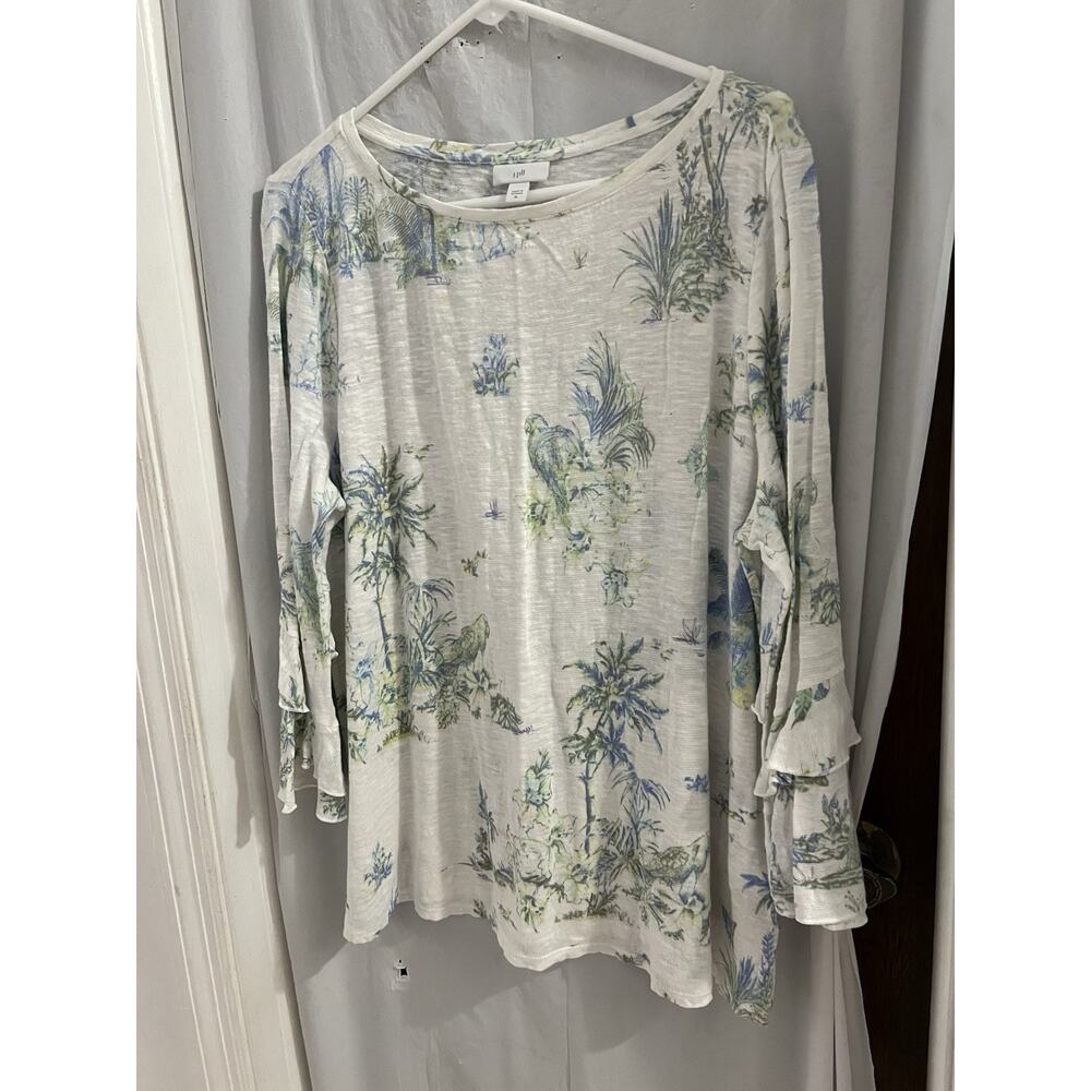 J Jill White Blue Green Tropical Print Tee Layered Sleeve Linen Blend Sz Xl - Picture 2 of 8
